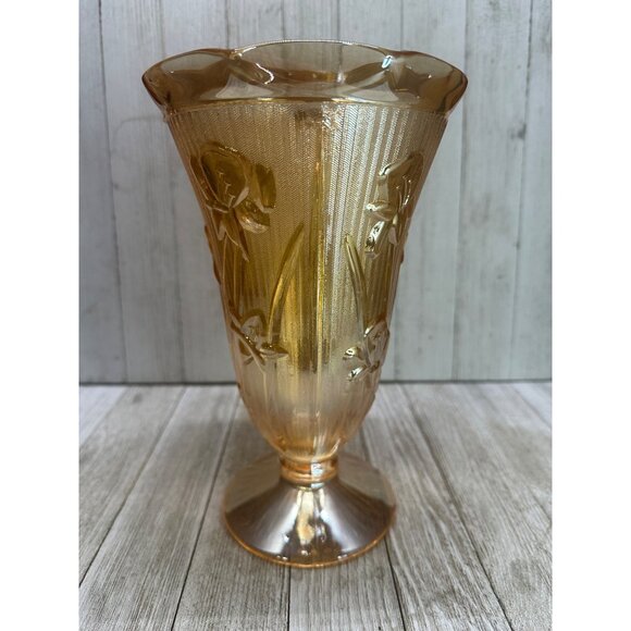 Vtg Jeannette Marigold Carnival Depression Herringbone Vase Iris Peach 9'' Tall - Picture 2 of 11